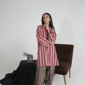 Lawn 2-Piece – Maroon with White Lines & Black Dots Farshi Shalwar.