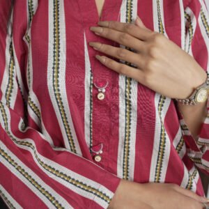 Alternative view of Lawn 2-Piece – Maroon with White Lines & Black Dots Farshi Shalwar.