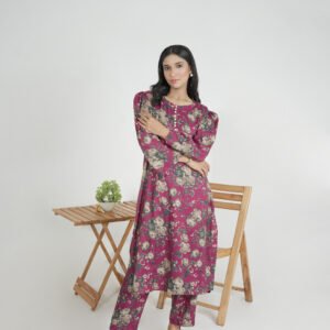 Floral Printed Lawn Top & Pants in Maroon with Beige-Green Accents 2PC