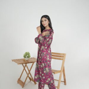 Alternative view of Floral Printed Lawn Top & Pants in Maroon with Beige-Green Accents 2PC