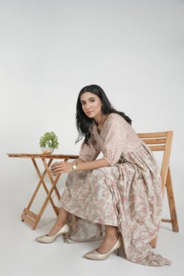 Lawn Frock One-Piece – Beige & Pink Print