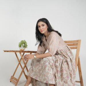 Lawn Frock One-Piece – Beige & Pink Print